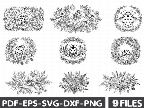 Cute Ladybug Floral Line Art Bundle for Graphics and Illustrations
